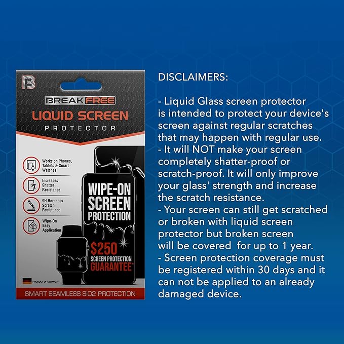 BREAK FREE Liquid Glass Screen Protector With $250 Coverage | Wipe On Scratch and Shatter Resistant Nano Protection for All Phones Tablets and Smart Watches - Universal Compatibility