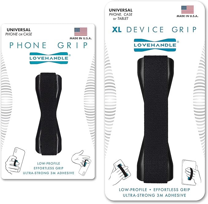 LoveHandle Duo Grip for Smartphone and Tablet - Black Elastic Strap wih Black Base Original Grip + XL Grip
