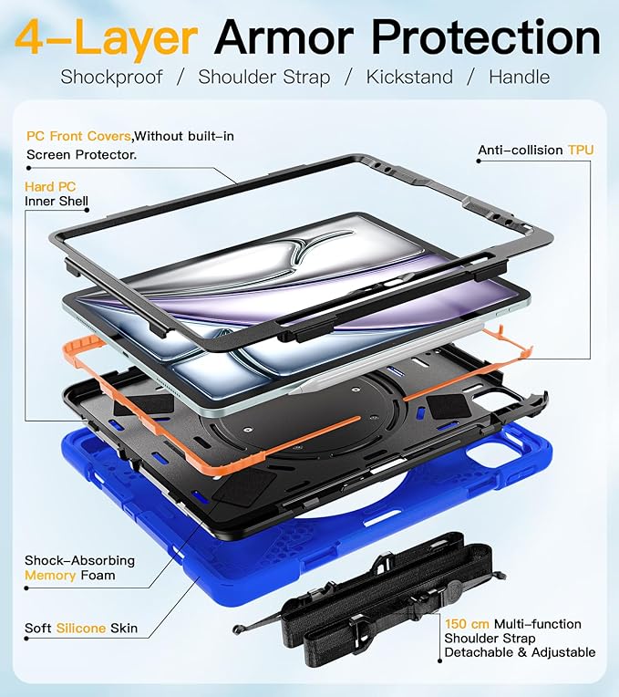 BRAECN for iPad Air 13 Inch Case M4 2026/M3 2025/M2 2024 iPad Pro 12.9 (6th/5th/4th/3rd Gen) Heavy Duty Shockproof Cover with Pencil Holder Rotating Handle Grip Kickstand Shoulder Strap Blue