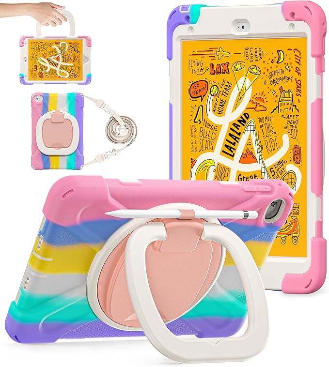 BATYUE for iPad mini 5/4 7.9 Inch Case (2019/2015) Kid-Proof Shockproof Cover with 360° Kickstand Detachable Shoulder Strap &amp Pencil Holder for Girls and School - Cute Colourful Pink