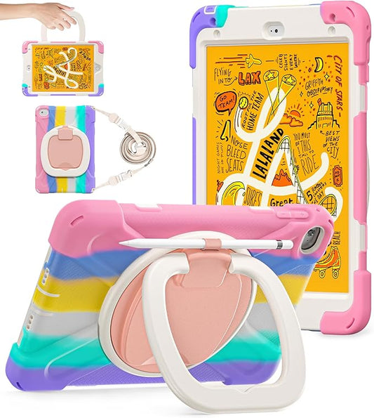 BATYUE for iPad mini 5/4 7.9 Inch Case (2019/2015) Kid-Proof Shockproof Cover with 360° Kickstand Detachable Shoulder Strap &amp Pencil Holder for Girls and School - Cute Colourful Pink