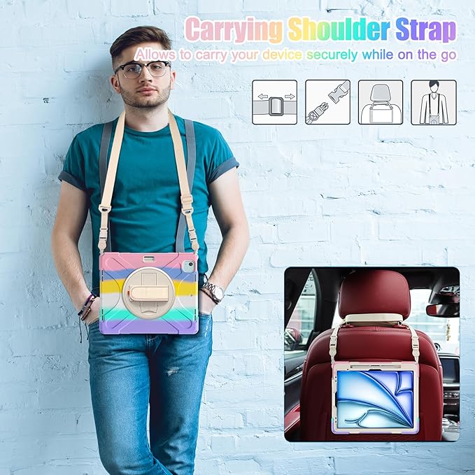 for iPad Air 13-inch M2 (2024) A2898/A2899 for iPad Pro 12.9 Rugged Case Portable Heavy Duty Shock-Proof Armor Cover with Swivel Kickstand/Hand Grip Shoulder Strap Pencil Holder (Macaron)