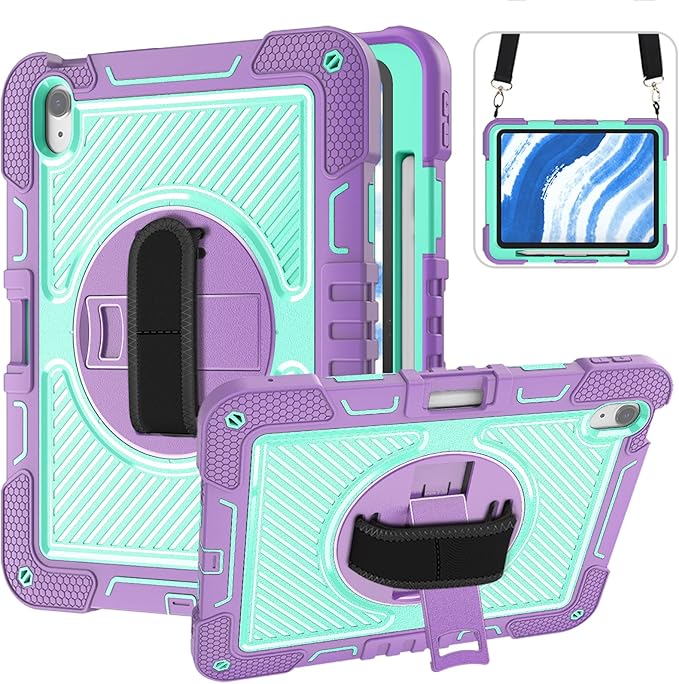 Shockproof Case for iPad Air 4th/5th Generation iPad Air 11 2025 2024 Cover with Shoulder Strap+Pencil Holder Techcircle Heavy Duty Rotating Kickstand Hand Strap Rugged Case Lavender+Aqua