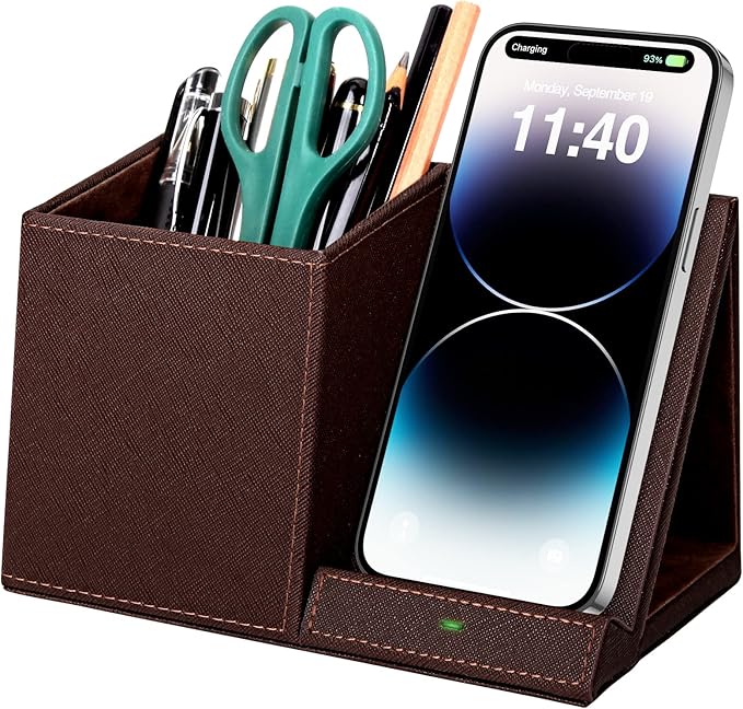 Pen Holder with Wireless Charger Compatible with iPhone 17/16/15/14/13/12/11/8 Series Pencil Holder Phone Stand for Desk Home Office Men Gift Husband Wife Anniversary Dad Birthday Idea Gadget
