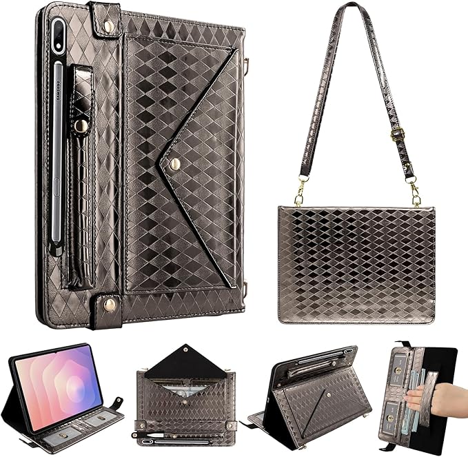 Tablet Carrying Shoulder Bag Case for Samsung Galaxy Tab S10 FE+ Plus 13.1 2025 SM-X620 X626 Iridescent Diamond Texture Envelope PU Leather Hand Strap Cards Holder Pocket S Pen Holder CaseBlack