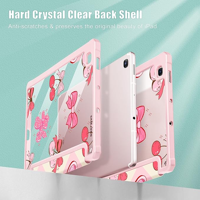 Mektron Case for Samsung Galaxy Tab S6 Lite 10.4 Inch 2024/2022/2020 with S Pen Holder Multi-Angle Viewing with Shockproof Cover Clear Shell + Trifold Stand + Auto Wake/Sleep Cherry with Bows