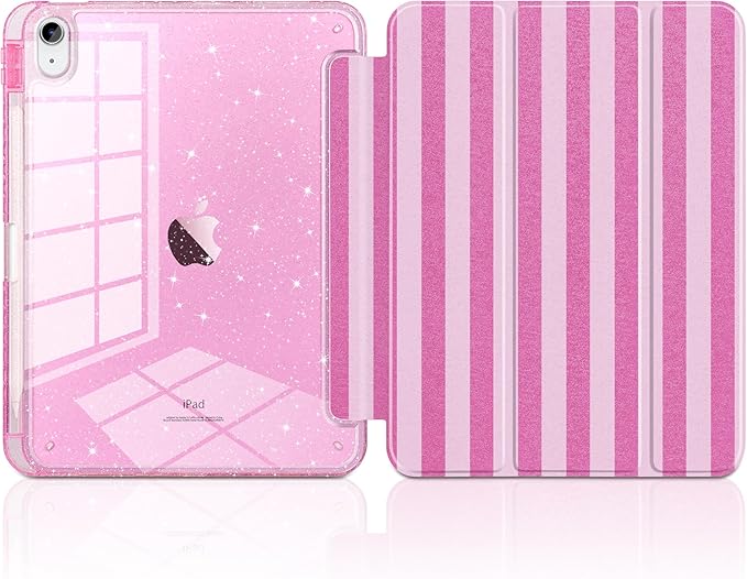 TWOLSKOO Sparkly Case for iPad Pro 11 inch (M5 2025 / M4 2024) Glitter Hard Acrylic Back with Pencil Holder Slim Trifold Stand Folio Cover Auto Sleep/Wake Pink Stripes