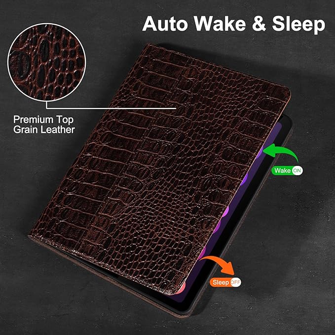Gexmil Leather Case for iPad mini 7 (A17 Pro) 2024 / iPad mini 6 Generation 2021 8.3 InchPremium Cowhide Cover with Adjustable Stand Auto Wake/SleepBrown Crocodile
