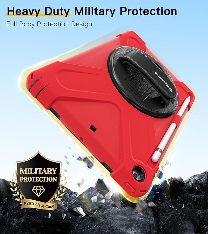 BRAECN for iPad 9.7 Inch Case with Pencil Holder [Rotating Kickstand/Handle Hand Strap] [Carrying Shoulder Strap] Heavy Duty Shockproof Childproof Case for iPad 9.7 Inch A1893 A1954 2018 -Red
