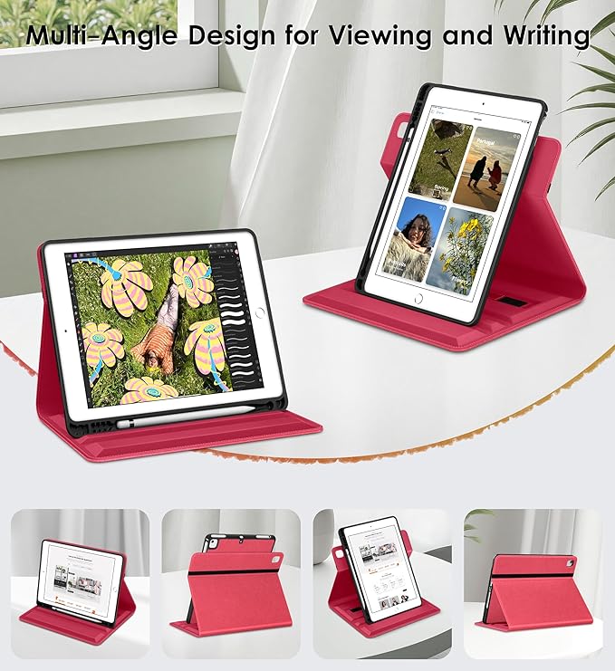 DTTO for iPad 6th / 5th Generation 9.7 Inch (2018/2017) iPad Air 2 / Air 1 Case 360 Degree Rotating Premium Leather Folio Stand Cover with Pencil Holder Watermelon Red