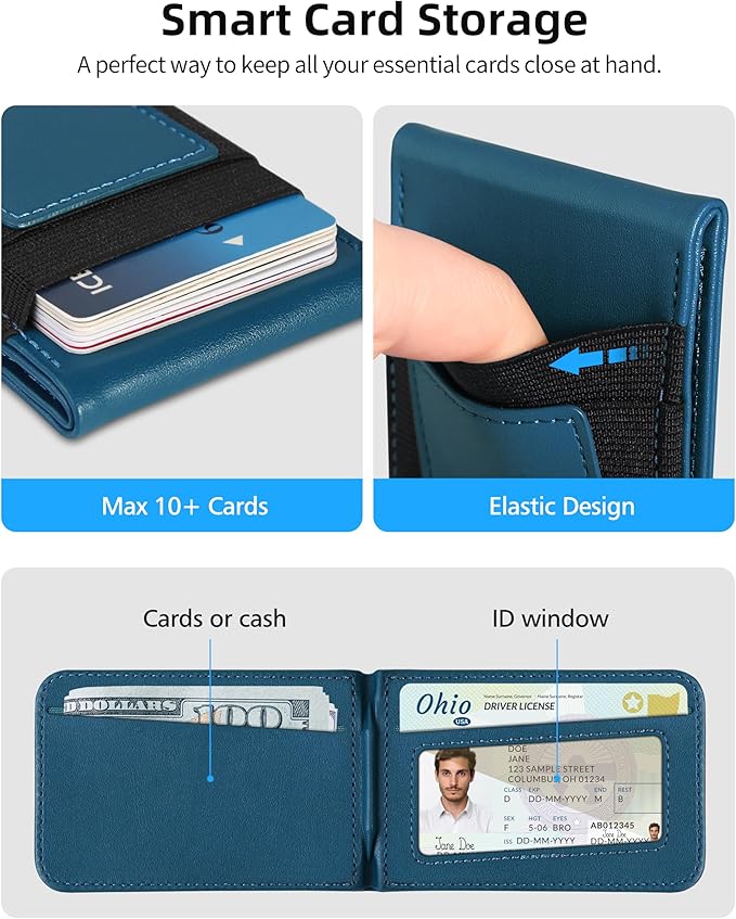 For Magsafe Wallet Stand Strongest Magnetic Phone Wallet Leather Magnetic Card Holder Wallet for iPhone 17/16/15/14/13/12 Series ID Window 4 Card Slots Hold 10 Cards RFID Blocking Blue