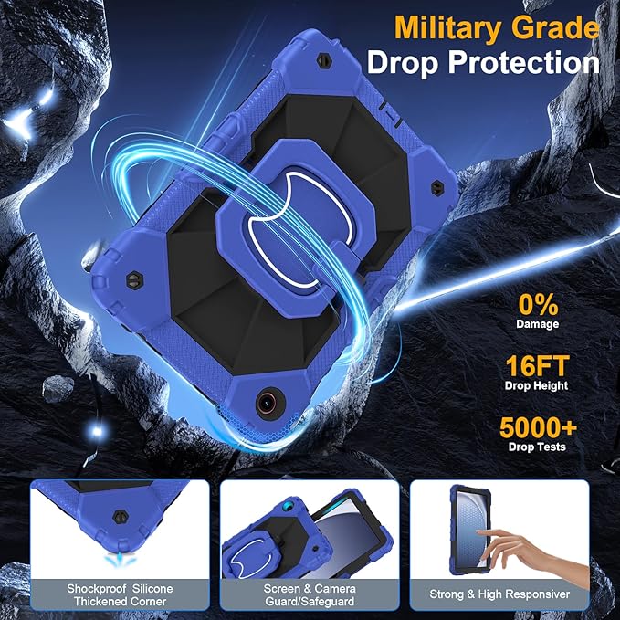Case for Samsung Galaxy Tab A9 Plus 11 Inch 2023 Ubearkk Rugged Case for Samsung Galaxy A9+ Tablet SM-X210/X216/X218 with Screen Protector 360 Rotating Stand Shoulder Strap Pen Holder Navy Black