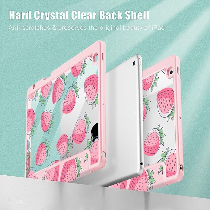 for iPad 9th Generation with Pencil Holder iPad 8th/7th Gen Case 10.2-inch [Built in Pencil Holder] Trifold Stand Auto Wake/Sleep Clear TPU Protection Back Cover Strawberries