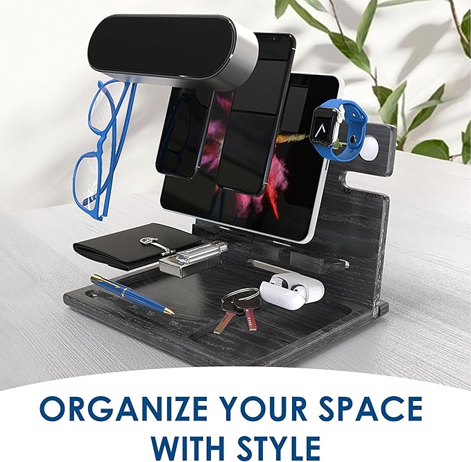BarvA Two Phone Docking Station | Night Stand Desk Organizer | Wood Nightstand Organizer | Tablet Smart Watch Earbuds Charging Station | Upgraded Dresser Phone Stand | Bed Room Decor Gifts for Men