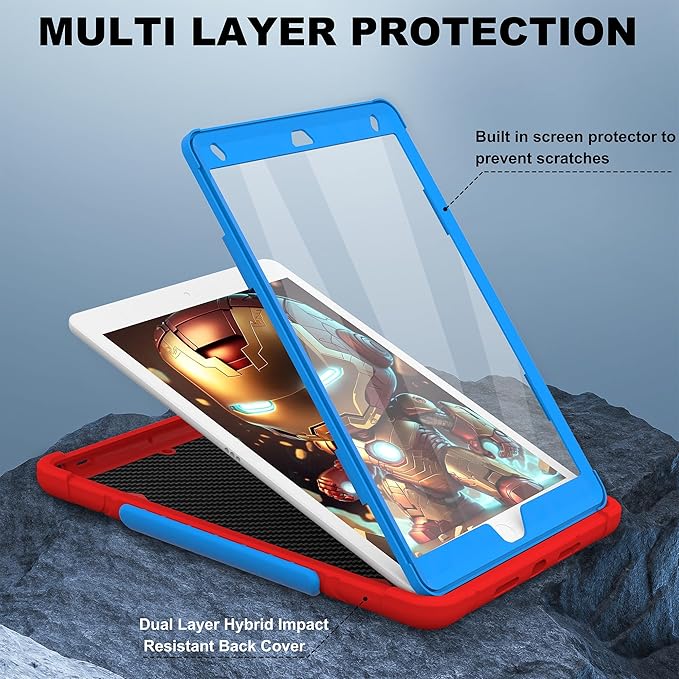Case for iPad 9th/8th/7th Generation 10.2 inch Heavy Shockproof Cover with Screen Protector/180° Rotating Handle/Bracket/Pen Holder/Shoulder Strap Kids Case for 2021/2020/2019 (D-Red+Blue)