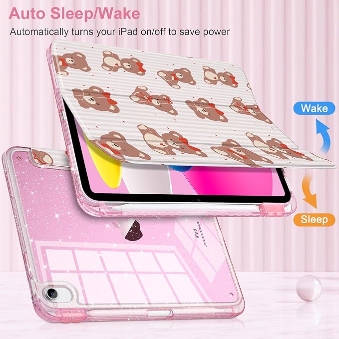 DONGKE for iPad Pro 11 inch Case – Fits M5 2025 / M4 2024 Shockproof Sparkling Glitter Acrylic Back Pencil Holder Trifold Stand Auto Sleep/Wake &amp Touch ID Support - Lovely Bears
