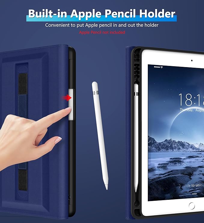 DTTO Rotating Case for iPad 6th / 5th Generation 9.7 Inch 2018/2017 iPad Air 2 / Air 1 Case 360 Degree Swiveling Premium Leather Folio Stand Cover with Pencil Holder - Auto Wake/Sleep Navy Blue