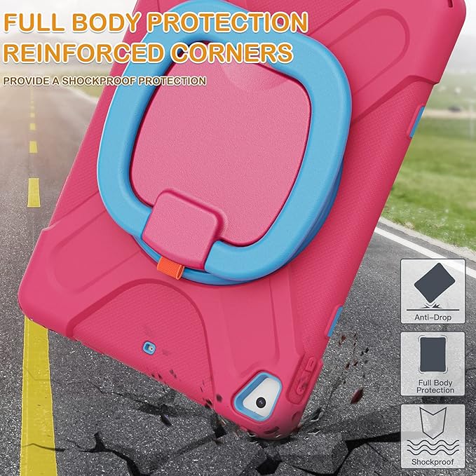 BRAECN Case for iPad 9.7 6th/5th Generation w/Pencil Holder 360 Degree Multi-Function Grip Stable Kickstand Carrying Strap 3-Layer Heavy Duty Silicone Case for iPad Pro 9.7/ iPad Air 2-Rose+Blue