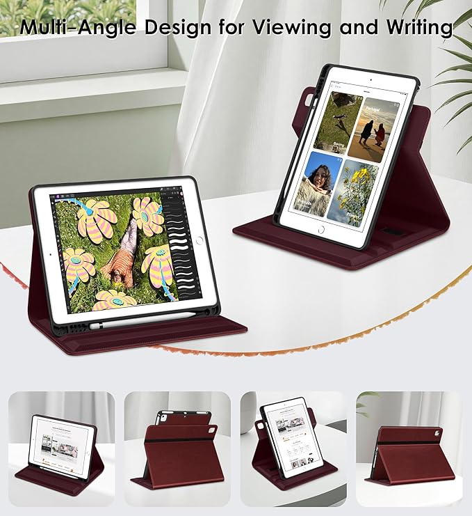 DTTO for iPad 6th / 5th Generation 9.7 Inch (2018/2017) iPad Air 2 / Air 1 Case 360 Degree Rotating Premium Leather Folio Stand Cover with Pencil Holder Burgundy Red
