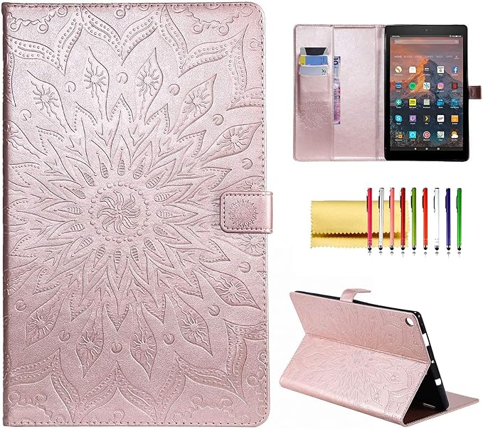 Folio Case for Fire HD 10 (9th/7th/5th Generation 2019/2017/2015 Release) Sunflower Embossed Stand Protective Cover with Card/Cash Holder for Amazon Fire HD 10.1 Inch Tablet Rose Gold