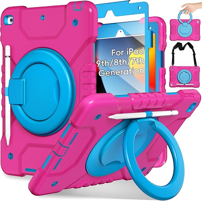Case for iPad 9th/8th/7th Generation 10.2 inch Shockproof Cover with Screen Protector/360° Rotating Handle/Bracket/Pen Holder/Shoulder Strap Kids Case for iPad 2021/2020/2019 (Pink+Blue)