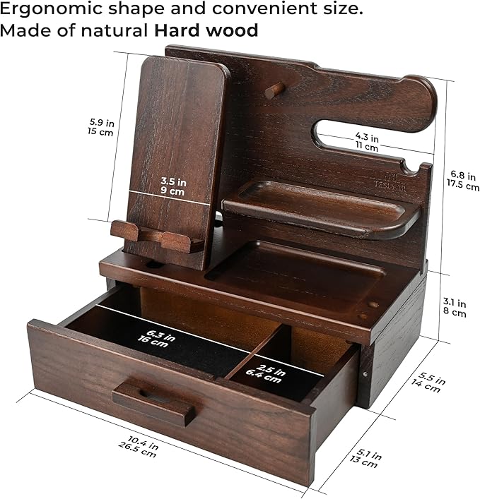 TESLYAR Wood Phone Docking Station with Drawer - Nightstand Organizer - Desk Organizer for Husband - Birthday Gifts for Men Dad Anniversary Key Holder Stand Watch Accessories (Chocolate Brown)