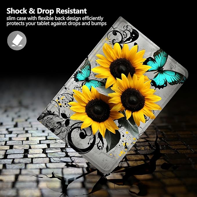 Case for iPad (A16) 11th Generation 11 Inch 2025/10th Generation 10.9 Inch 2022 PU Leather Smart Protective Cover with Auto Sleep/Wake for iPad 11/10 GenSunflowers Blue Butterflies