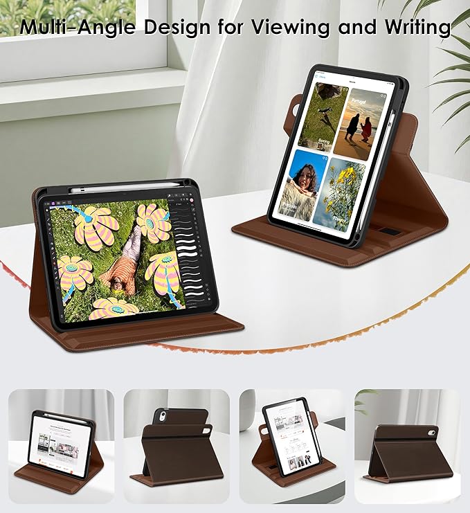DTTO for iPad A16 Case iPad 11th / 10th Generation Case (2025/2022) 360 Degree Rotating Premium Leather Folio Stand Cover with Pencil Holder Dark Brown