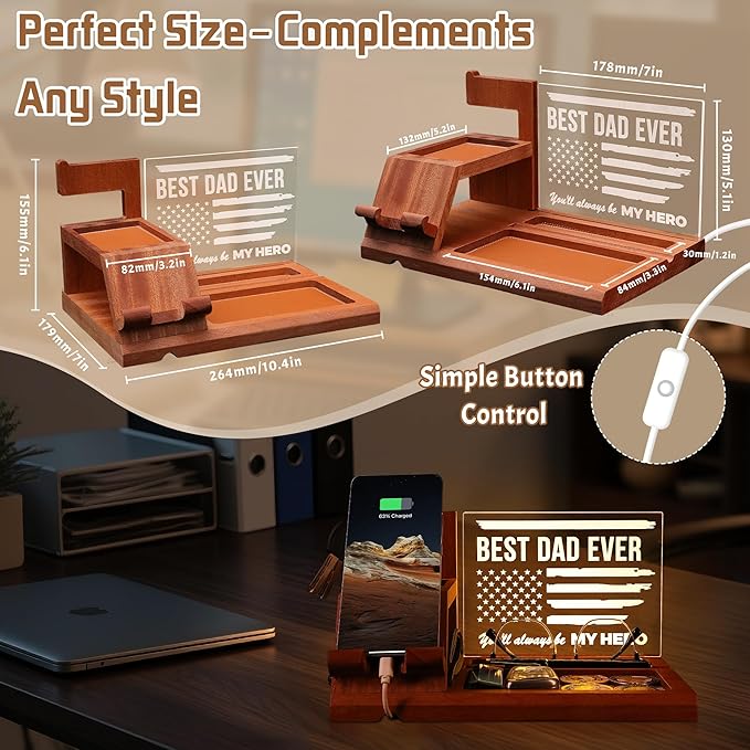 Attivolife Gifts for Dad Men Husband LED Phone Docking Station Desk Organizer Cell Phone Stand with Night Light Best Dad Ever Gift for Father's Day Key Holder Stand for Wallet Watch Essentials
