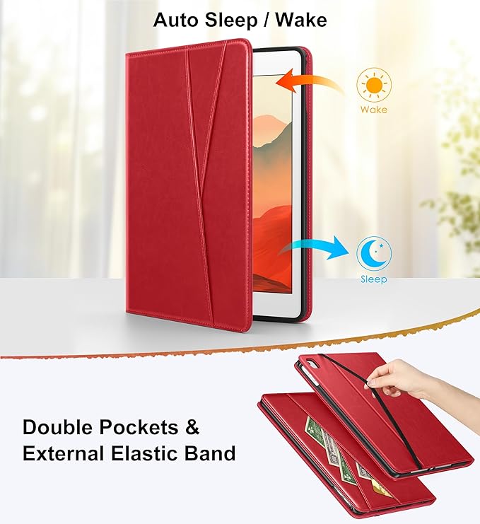 DTTO for iPad 6th / 5th Generation 9.7 Inch (2018/2017) iPad Air 2 / Air 1 Case 360 Degree Rotating Premium Leather Folio Stand Cover with Pencil Holder Red