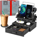 Black Wood Phone Docking Station for up to 3 Phones - Nightstand Organizer with Drawer for Valuables for Men &amp Women Compatible With Apple Watch Holds Phones Tablets Keys Rings Glasses EDC