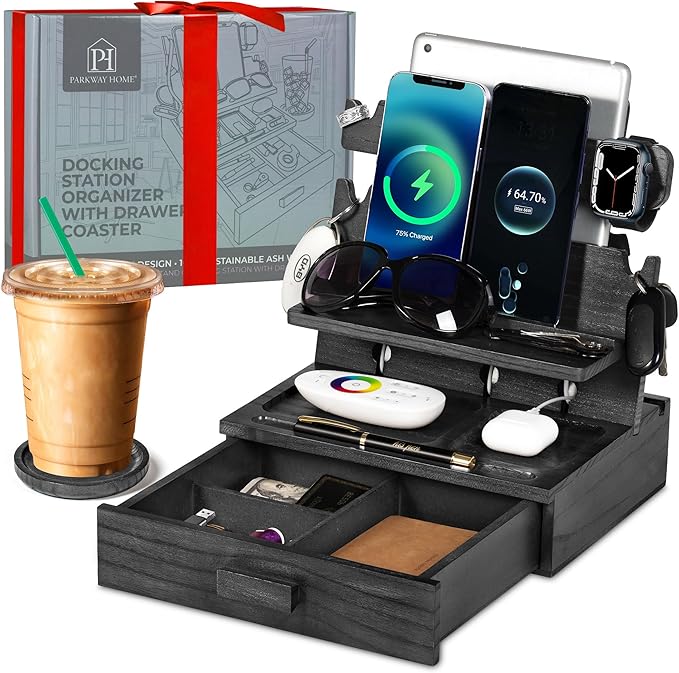 Black Wood Phone Docking Station for up to 3 Phones - Nightstand Organizer with Drawer for Valuables for Men &amp Women Compatible With Apple Watch Holds Phones Tablets Keys Rings Glasses EDC