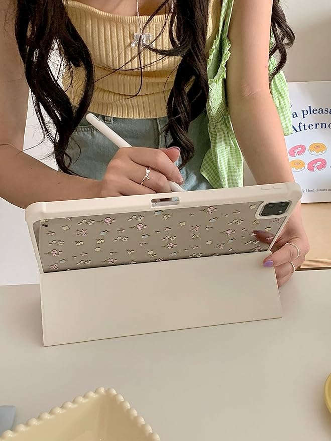 Slim Leather Hard Folio Case with Adjustable Stand Pencil Holder for Apple Cream White Pink Bow Flower Floral Chic Cute Lovely Adorable Girls Kids (for iPad Pro 12.9-inch 4th Generation 2020)