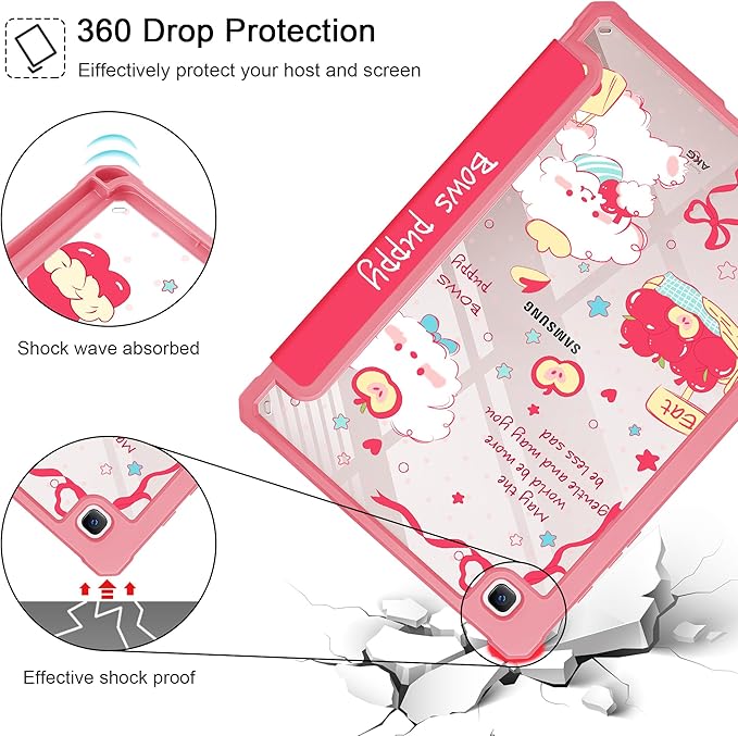 Mektron Case for Samsung Galaxy Tab S6 Lite 10.4 Inch 2024/2022/2020 with S Pen Holder Multi-Angle Viewing with Shockproof Cover Clear Shell + Trifold Stand + Auto Wake/Sleep Cute Puppy-Red