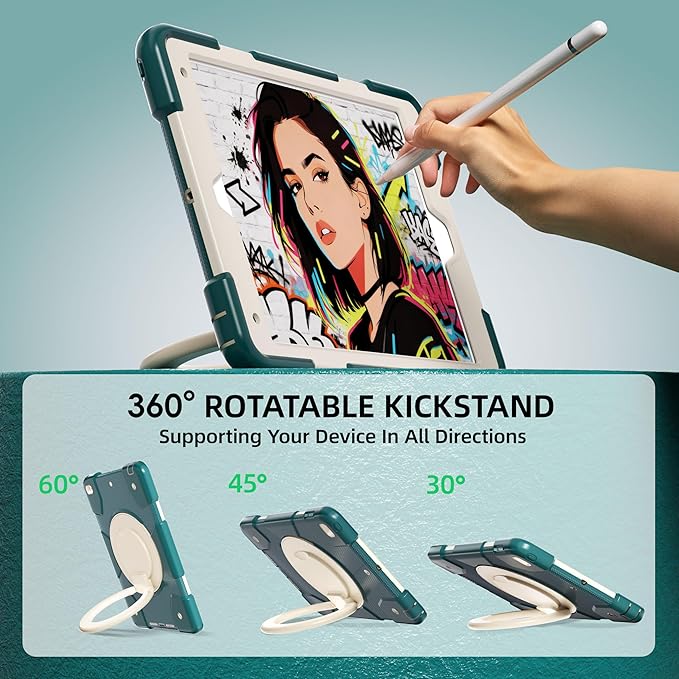Case for iPad 9th/8th/7th Generation 10.2 inch Shockproof Cover with Screen Protector/360° Rotate Stand/Pencil Holder/Shoulder Strap Kids Case for iPad 2021/2020/2019 (Dark Green+White)