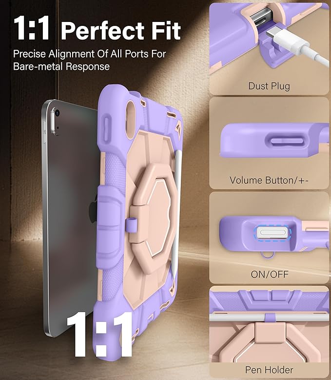 JKSML Case for iPad (A16) 11th/10th Gen | 360° Rugged Rotating Stand | Pencil Holder | Adjustable Shoulder Strap | Heavy Duty Drop Protective Cover for iPad 10.9 (2022)/ 11 (2025) - Purple Rose-z