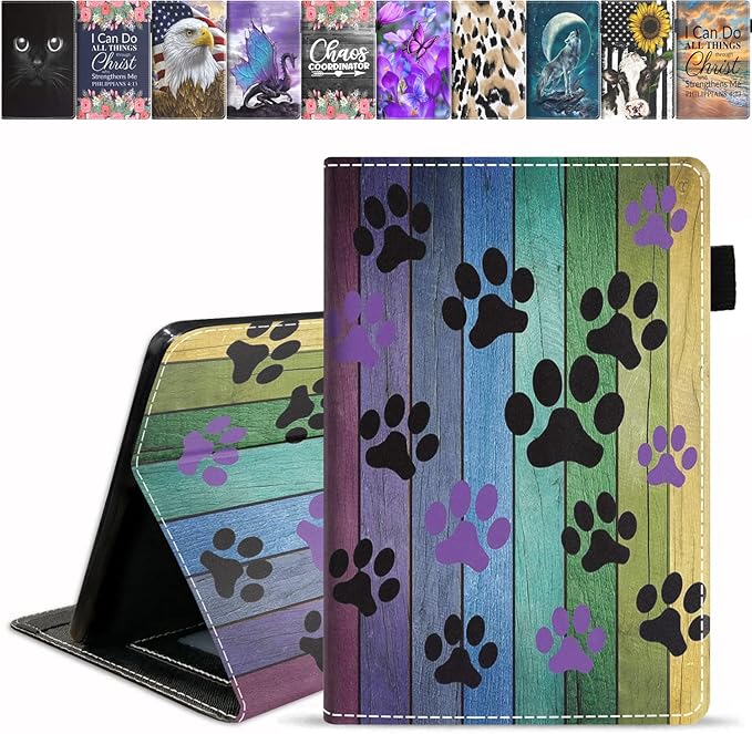 Case for Kindle Fire HD 10/Fire HD 10 Plus Tablet (11th Generation 2021 Release) Premium PU Leather Cover with Card Slot &amp Pencil Holder Rustic Rainbow Woodgrain Dog Paw Print