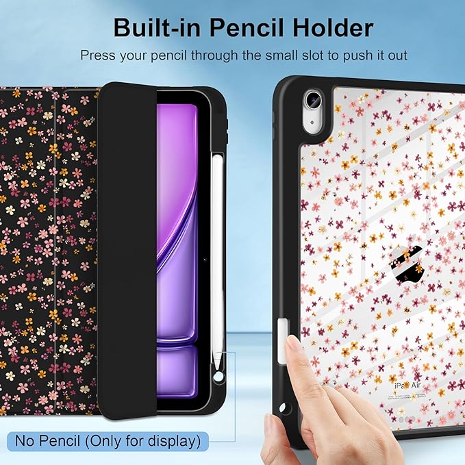 MecBevia Case for iPad Air 11-inch M4 2026 / M3 2025 / M2 2024 Slim Protective Cover with Built-in Pencil Holder Auto Wake/Sleep Tiny Floral