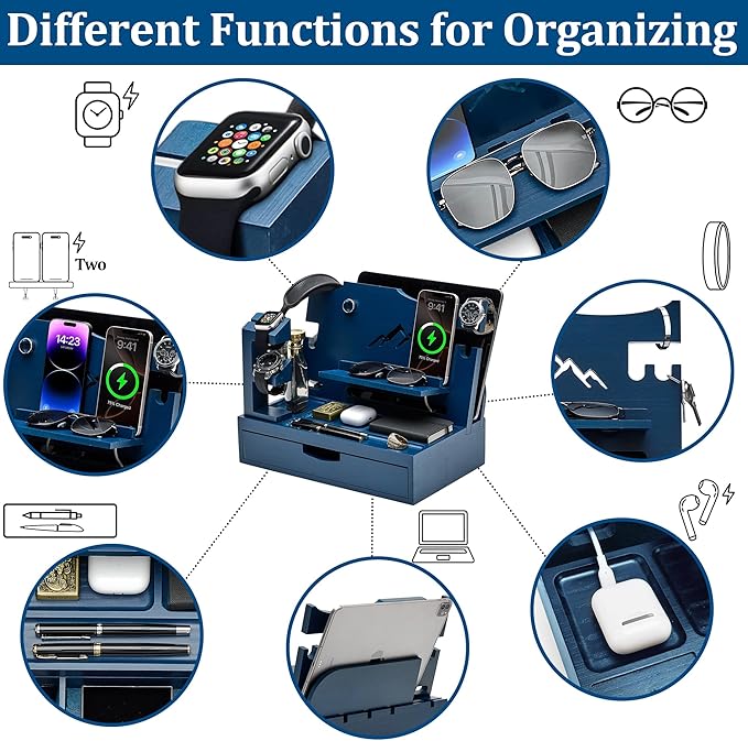 Nightstand Organizer for Men with Large Drawer Wood Phone Docking Station for Phone Apple Watch Wallet &amp Keys Ideal Birthday Gift for Father Husband Bedside Desk Organizer (Blue)