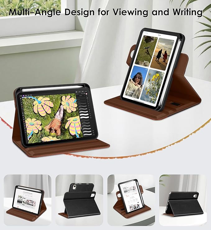 DTTO for iPad mini 7 (A17 Pro) Case iPad mini 7th / 6th Generation Case (2024/2021) 360 Degree Rotating Premium Leather Folio Stand Cover with Pencil Holder Black Brown