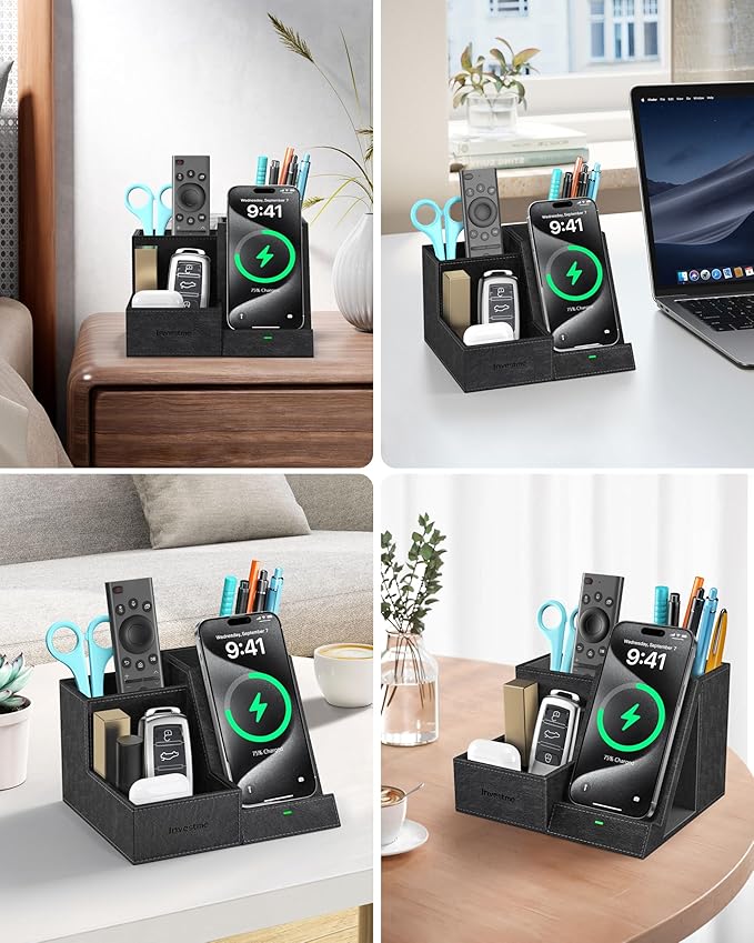 Wireless Charger with Desk Organizer Pen Pencil Holder Multifunctional Desktop Organizer Office Supplies and Desk Accessories Organizer with 3 Compartments and 1 Phone Stand PU Black