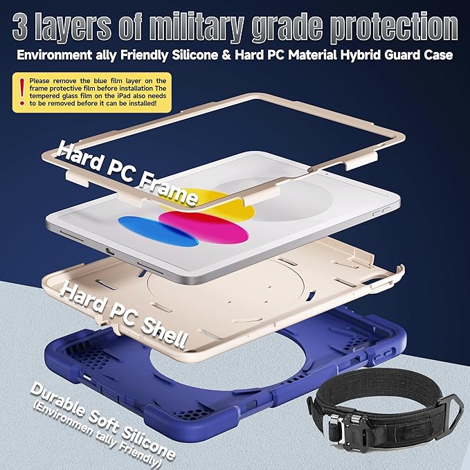 Case for iPad (A16) 11th /10th Generation 11/10.9 Inch 2025/2022 with Screen Protector/360° Rotate Stand/Shoulder Strap/Pencil Holder Shockproof iPad 11th/10th Gen Cover (Navy+White)