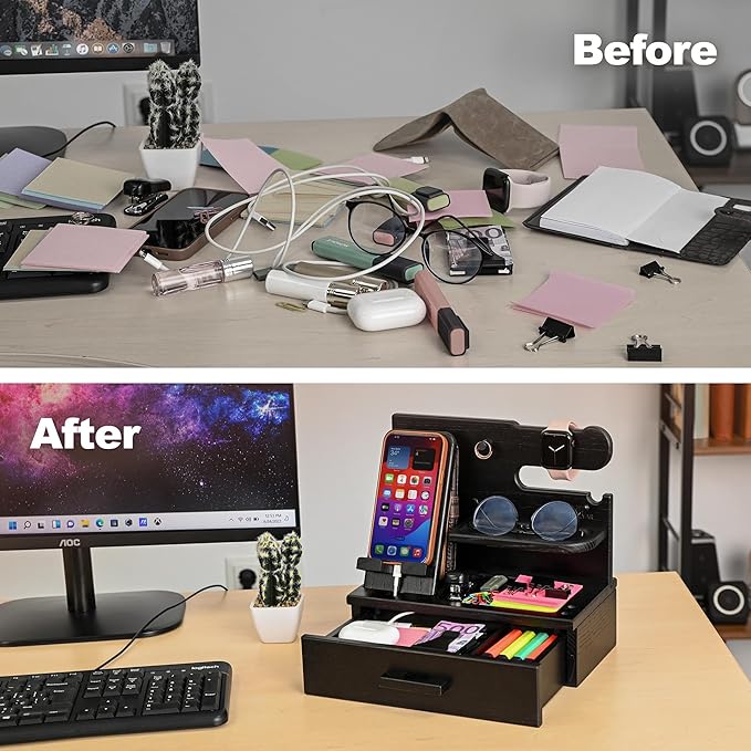 TESLYAR Wood Phone Docking Station with Drawer - Nightstand Organizer - Desk Organizer for Husband - Birthday Gifts for Men Dad Anniversary Idea Key Holder Stand Watch &amp Accessories (Fumed Blac