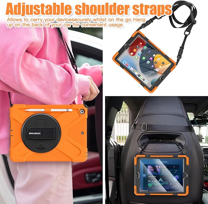 BRAECNstock for Apple iPad 9th/ 8th/ 7th Generation Case 10.2 2021/2020/2019 Shockproof Protective iPad 10.2 Kids Case with Screen Protector Pencil Holder Rotating Stand + Hand Strap Orange