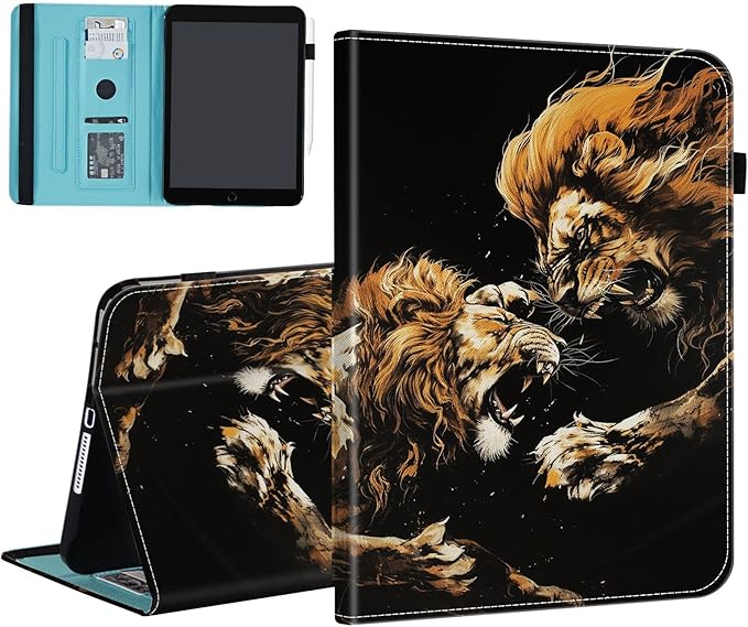 Case for iPad Air 11 Inch M3/M2 (2025/2024) Air 5th/4th 10.9 Inch (2022/2020) Pro 11 4th/3rd/2nd/1stCard Slot PU Leather TPU Case Pen Holder Auto Wake SleepCool Lion