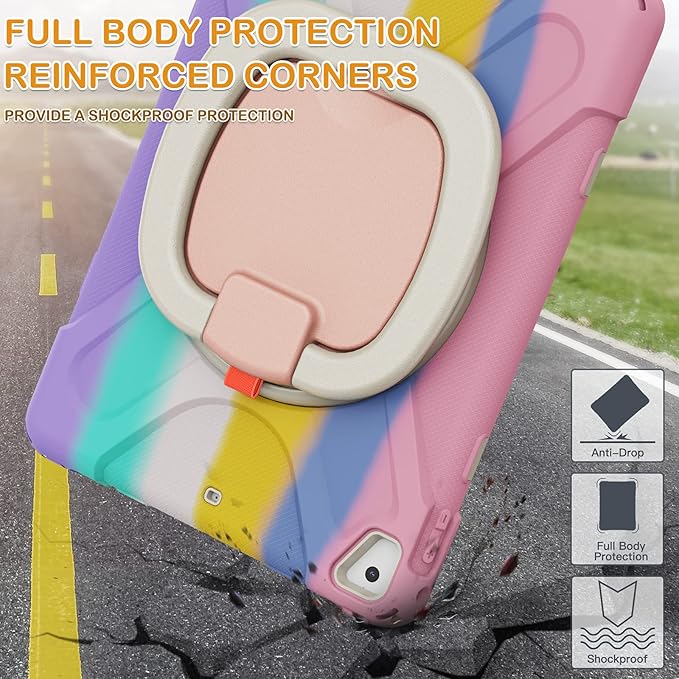 BRAECN for 9.7” iPad 6th/5th Generation Cases iPad Air 2/ iPad Pro 9.7 Kids Case-Heavy Duty Silicone Cover with Stable Kickstand Multi-Functional Grip Carrying Strap Pencil Holder-Colorful Pink