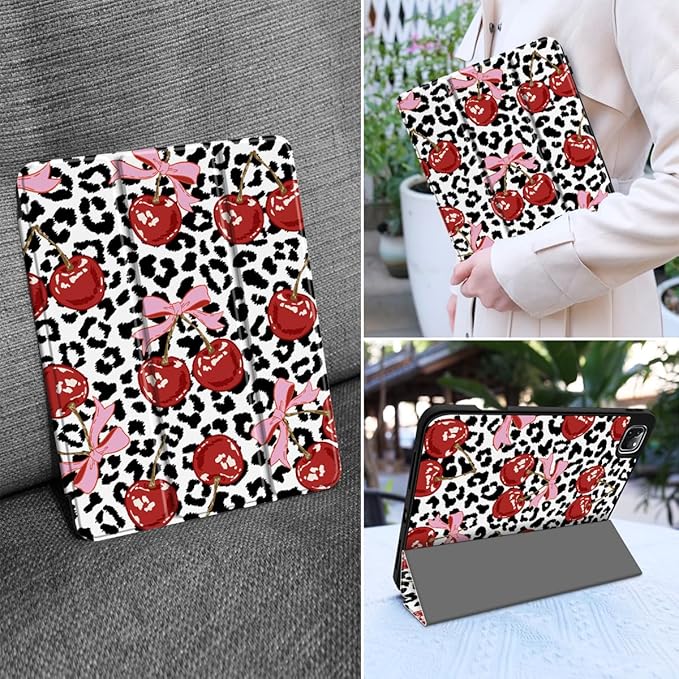 MEEgoodo for iPad Pro 12.9 Case M2 6th/5th/4th/3rd Generation 2022 2021 2020 2018 with Pencil Holder Tablet Cover with Soft TPU Back Shell Leopard &amp Cherry