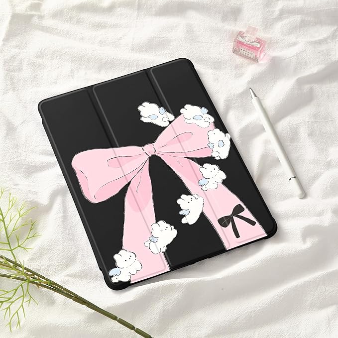 Idocolors Case for iPad 11 inch (A16 Chip) 2025 Generation 11th / iPad 10.9 inch 2022 10th Gen Built-in Pencil Holder with Soft TPU Shockproof Back Shell Auto Wake/Sleep Bunny Bow-Black