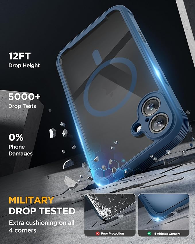 Miracase Magnetic for iPhone 16 Plus Case Full-Body Phone with Built-in Glass Screen Protector [Compatible with MagSafe] Military Drop Proof 16 Plus Cover Bumper Storm Blue