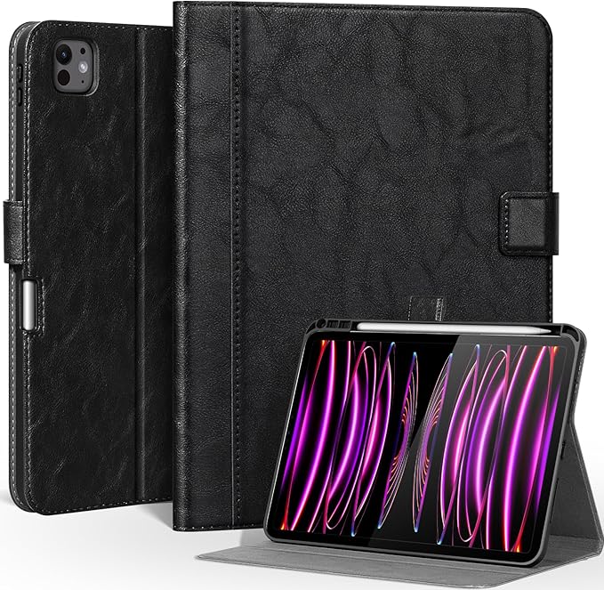 Case for iPad Pro 11 Inch4th/3rd/2nd/1st Generation(2022/2021/2020/2018) Genuine Leather Cover with Pencil HolderCowhide Folio CoverAuto Sleep/Wake Magnetic ClosureBlack